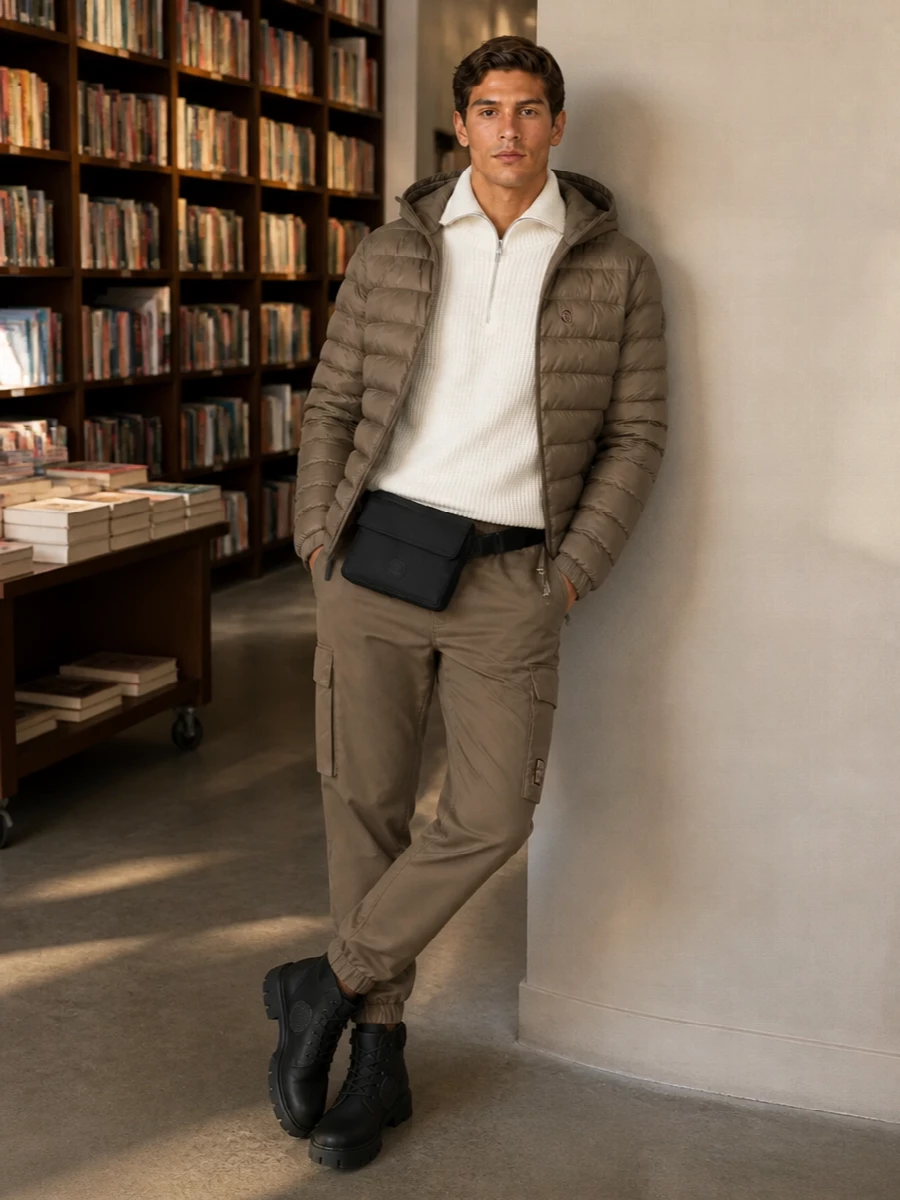 Moncler puffer outfit cargo pants boots