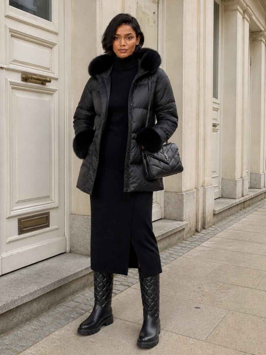 I’m styling this as a dress-based winter ensemble so the Yves Salomon parka can sit over a single, elongated black column without any break in the line. The Parosh knit midi, Moncler quilted knee boots and quilted Saint Laurent shoulder bag create a tonal, texture-driven silhouette that feels cocooning, urban and quietly luxurious for cold city days and nights.