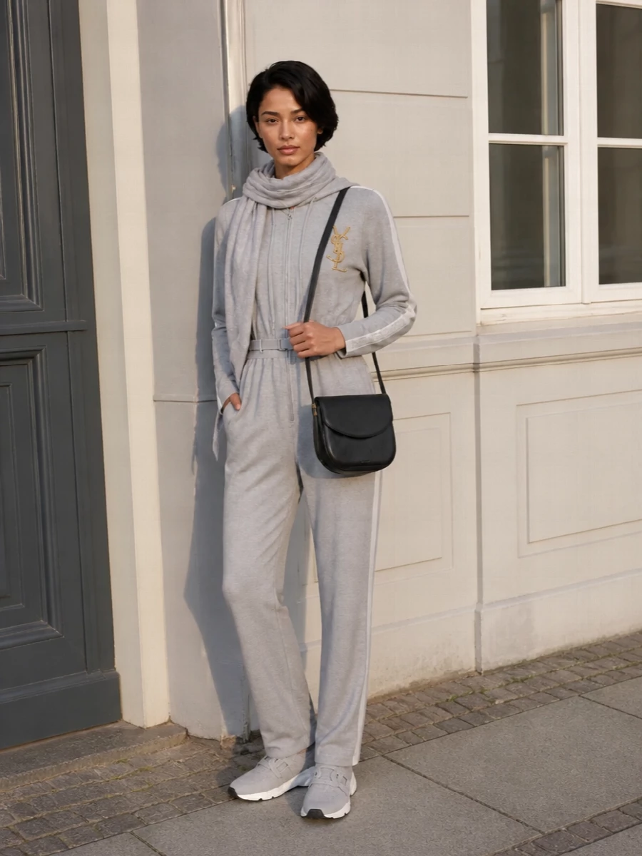 A light-grey, hooded jumpsuit is sharpened with tonal knit sneakers that echo its sport lines and keep the silhouette long and clean. A black curved crossbody and a single Saint Laurent brooch anchor the palette and introduce subtle structure, while a soft grey wrap adds warmth without disturbing the streamlined mood. The result is a polished off-duty set that feels ideal for travel days and city errands where comfort still needs intention.