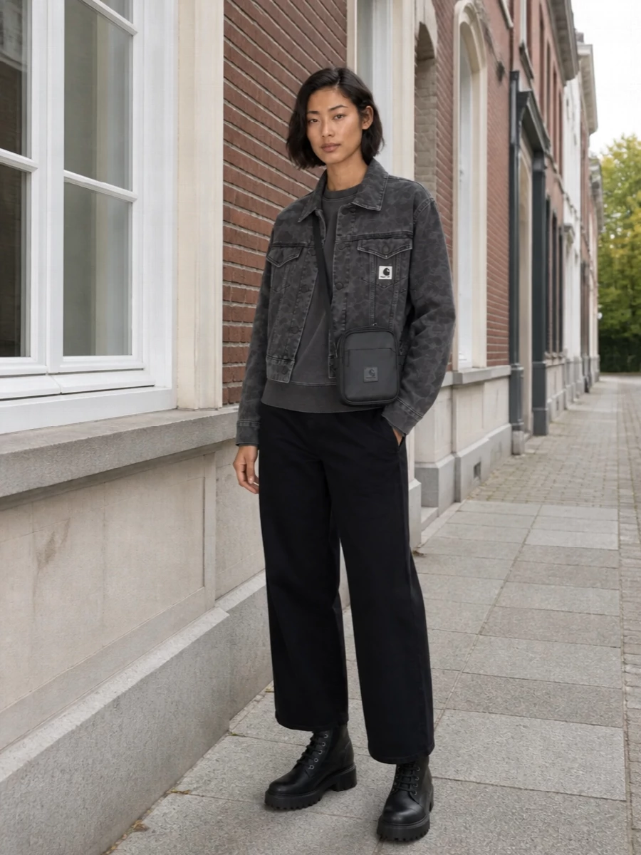 I’m anchoring this with top and bottom rather than a dress, so the Carhartt jacket can stay the hero and the proportions feel properly street. The washed charcoal crew and black wide-leg pant build a low-contrast, graphic base for the cropped camo, then Hogan combats and a compact Diesel crossbody sharpen it into an all-day city uniform that feels tough but considered.