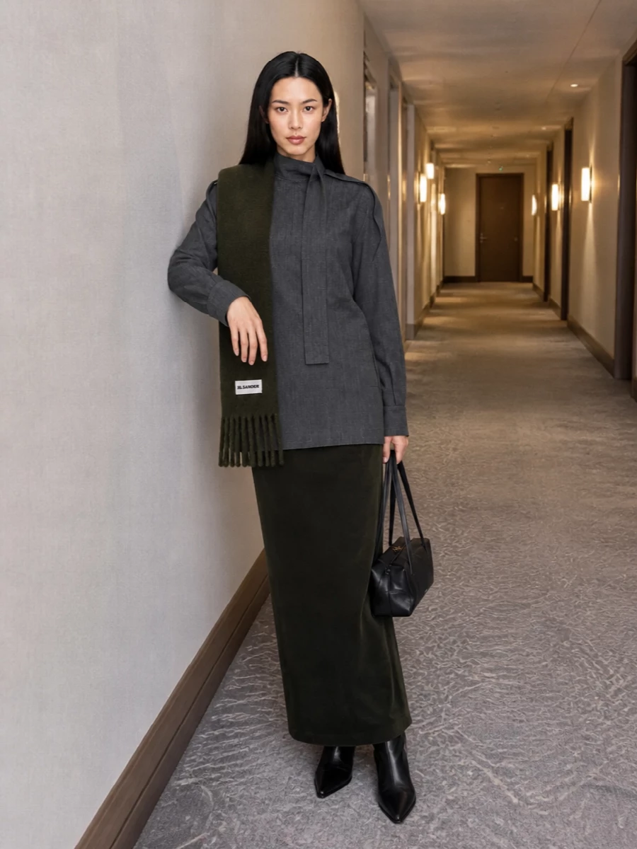 Jil sander black maxi skirt charcoal shirt outfit