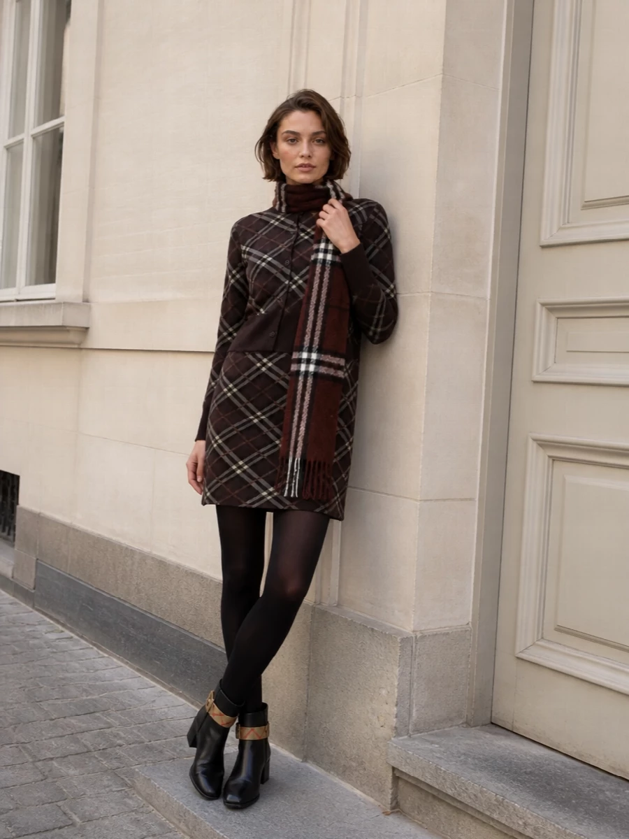 Burberry chocolate check cardigan mini skirt outfit