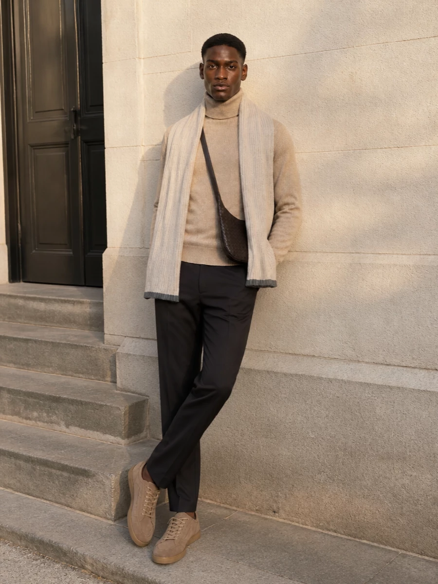 Zegna camel turtleneck charcoal trousers sneakers