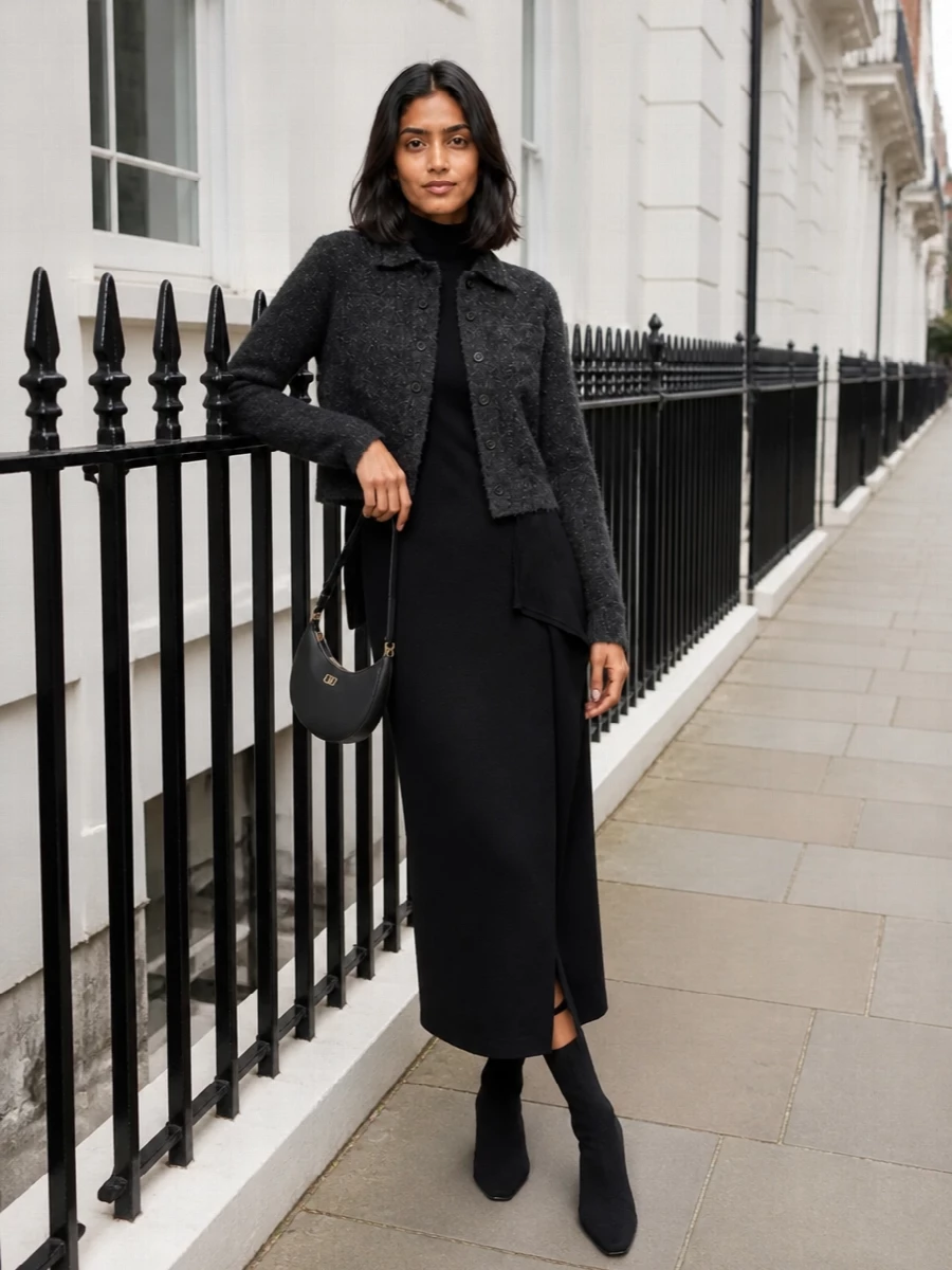 Parosh black knit midi dress vince cropped jacket