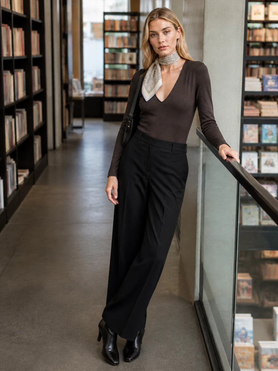 Toteme brown v neck sweater black wide leg pants