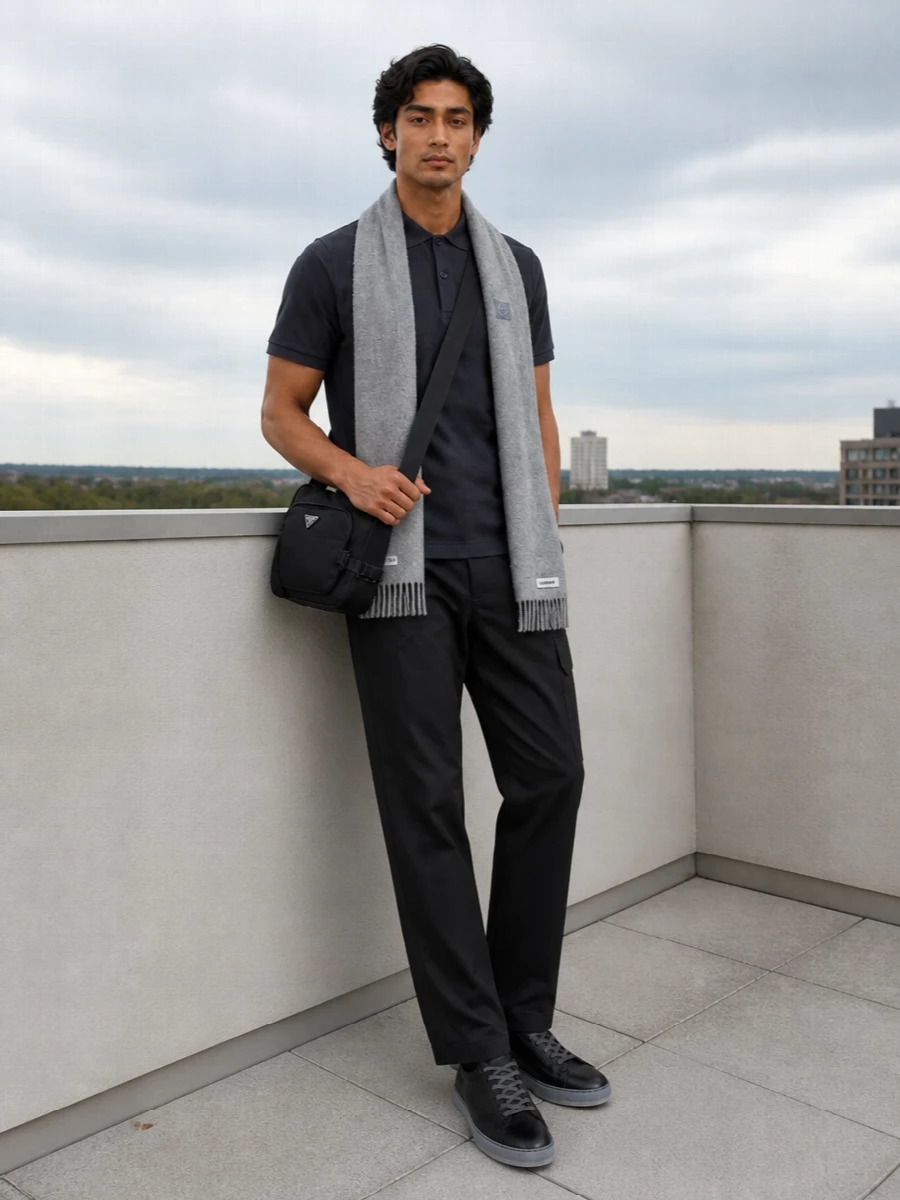 Charcoal tech trousers ground the Stone Island polo in a clean, urban line that feels relaxed but considered. Black and grey leather sneakers keep the energy sporty yet sharp, while the slim Prada crossbody and soft grey scarf add a precise, city-ready finish without disturbing the minimalist silhouette.