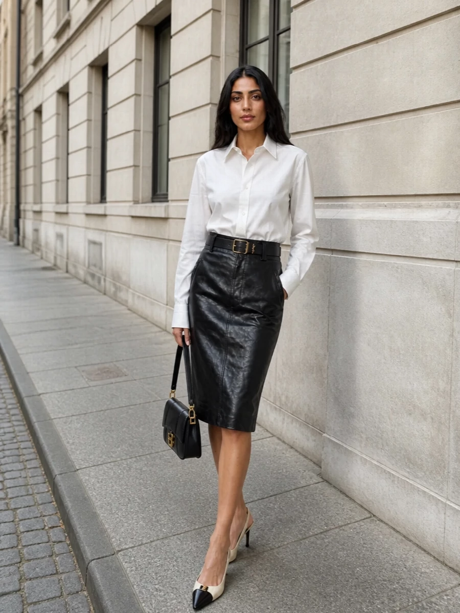 Saint laurent white shirt black leather pencil skirt