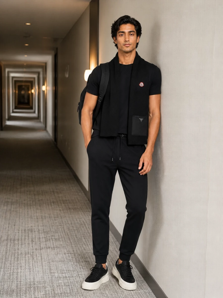 Moncler black jogger outfit technical sneakers