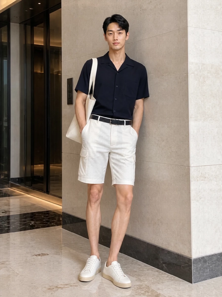 Giorgio armani navy shirt white shorts outfit