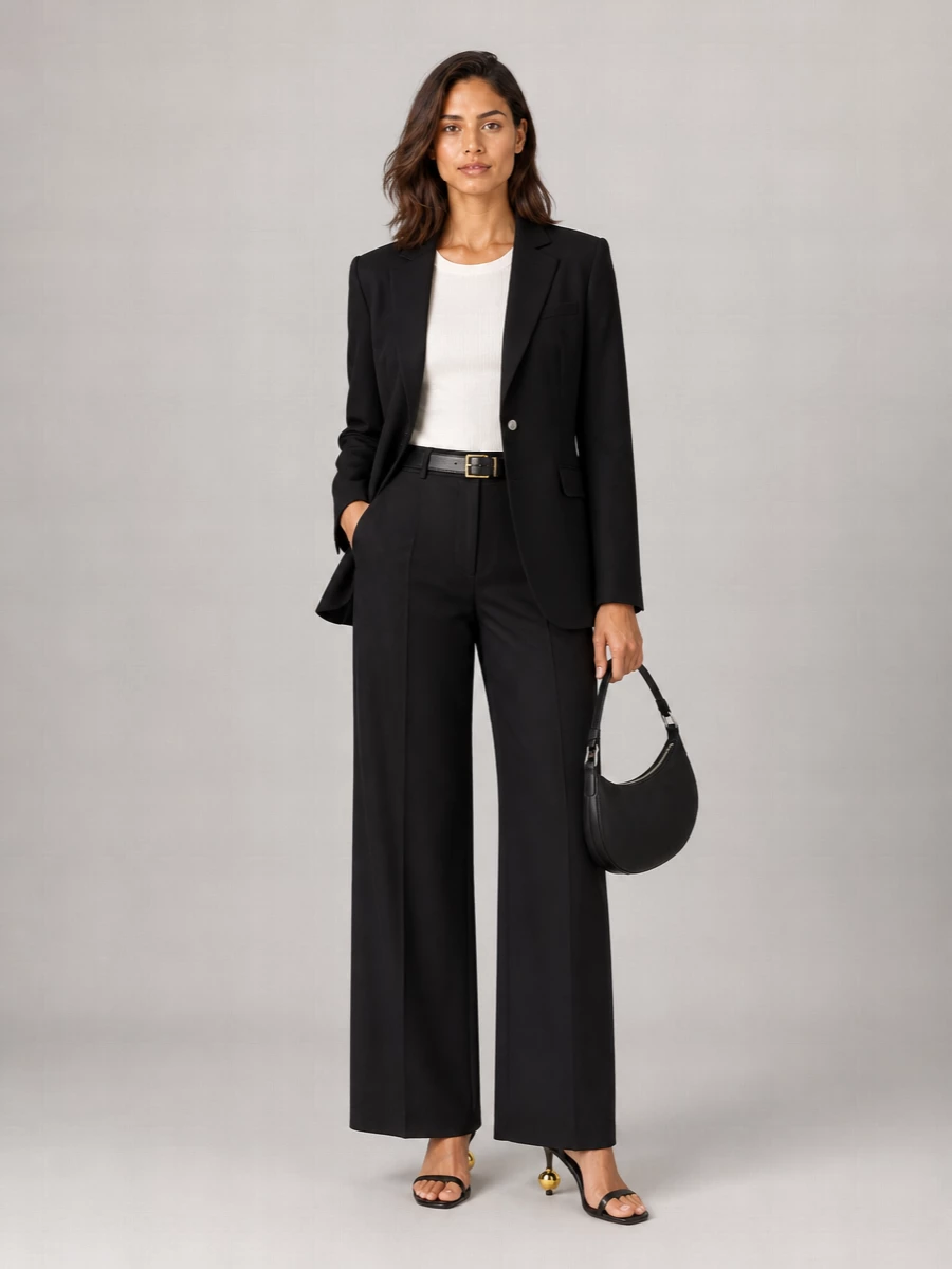 A sharp black blazer sits over high-waisted wide-leg trousers for a long, tailored column that feels precise rather than severe. Strappy black stilettos and a curved leather shoulder bag keep everything streamlined, while a clean gold-buckled belt adds just enough definition and shine for boardroom-to-dinner polish.