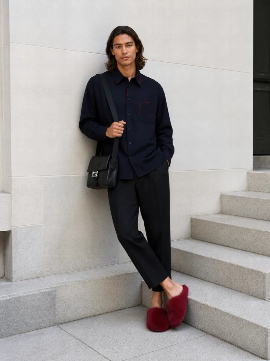 Marni navy shirt cropped trousers fur mules
