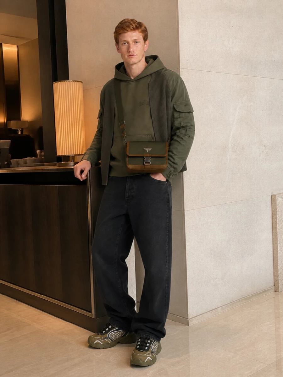 Balmain utility sweatshirt outfit cargo sneakers
