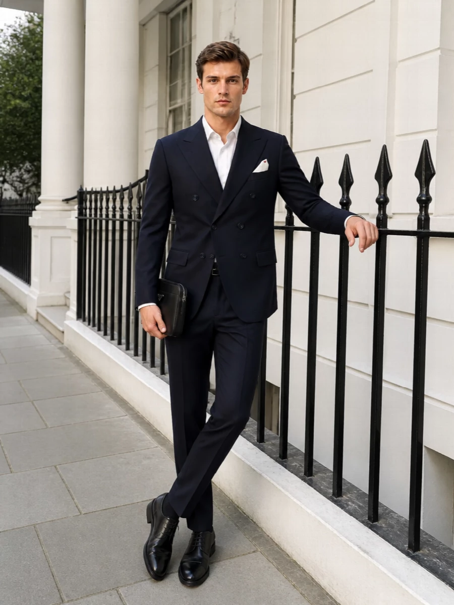 Kiton navy suit prada black derby belt