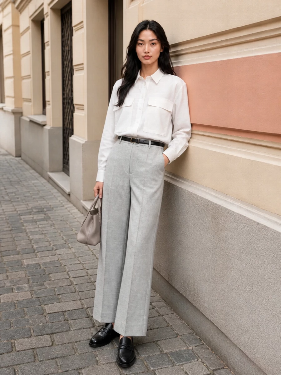 Parosh grey wide leg trousers white shirt outfit