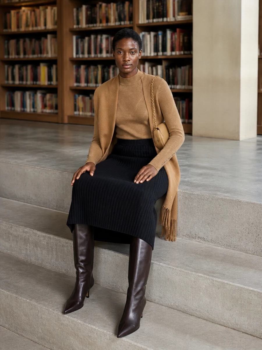 Paco rabanne camel knit max mara black midi skirt