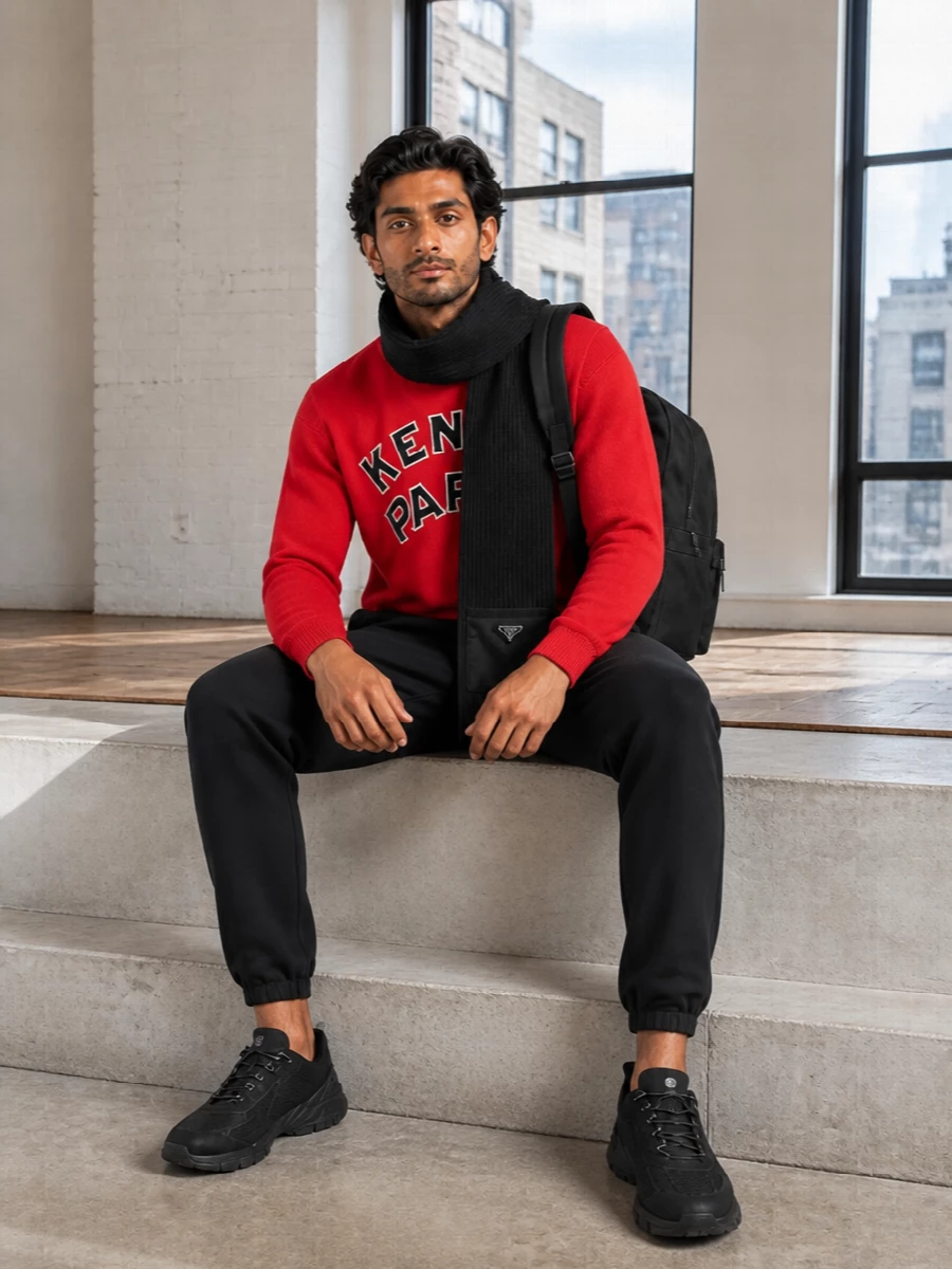 Kenzo red sweater givenchy track pants outfit