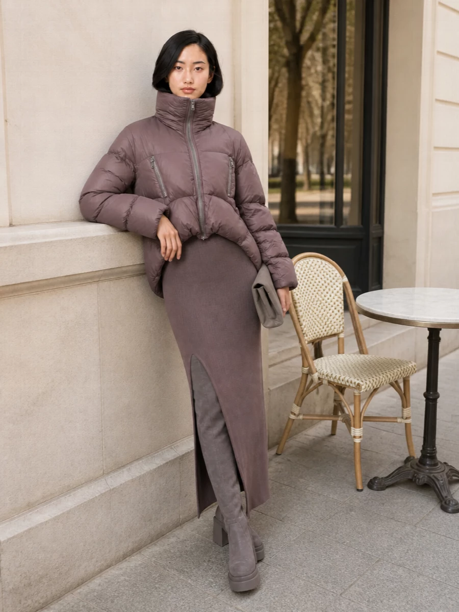 Rick owens mauve puffer ribbed knit maxi dress