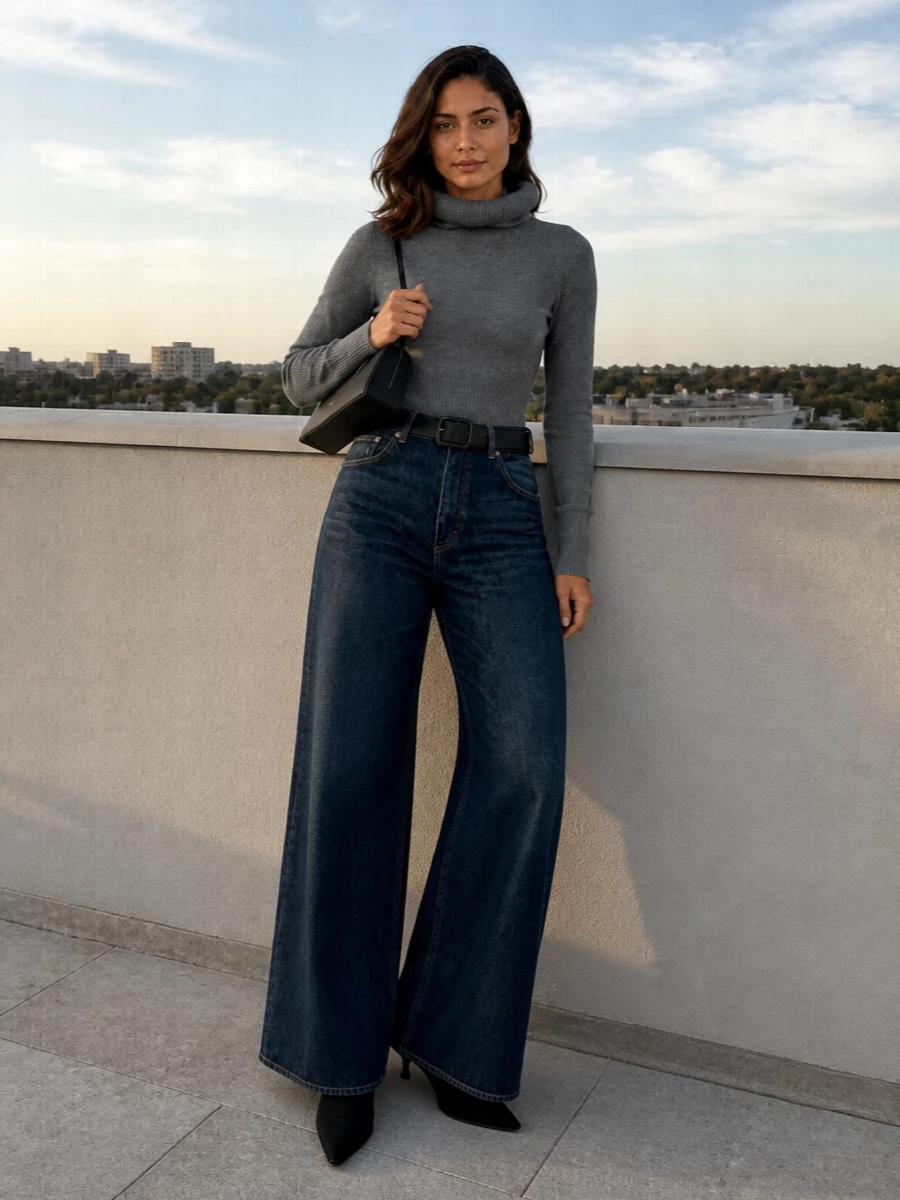 Alaiia wide leg jeans grey turtleneck black boots