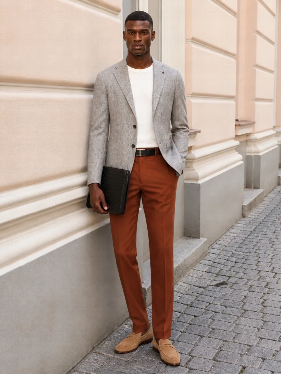 Tagliatore blazer rust trousers tods loafers