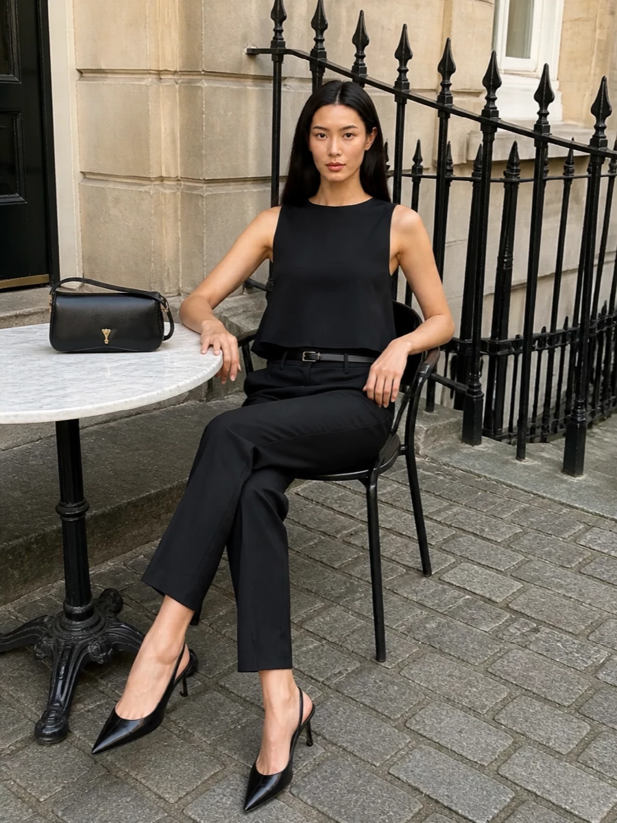 Ami paris black shell top tailored trousers outfit