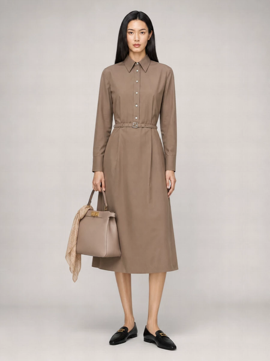Fendi Silk Blend Belted Midi Shirt Dress