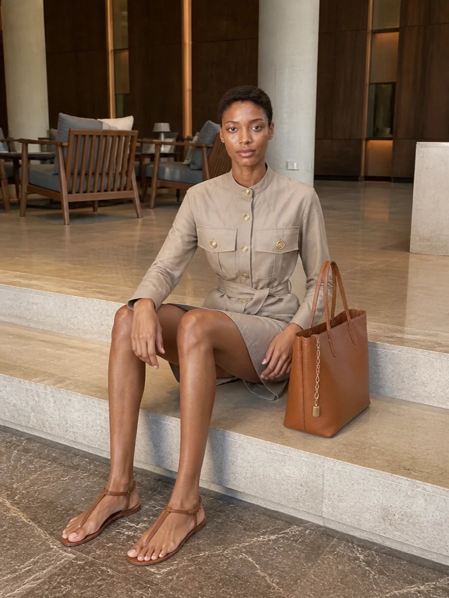 The taupe Givenchy utility shirt dress pairs effortlessly with the Chloé cognac tote, leaning into a clean, tonal story of soft structure and subtle hardware. Choosing the dress route keeps the outfit minimal and uniform-like, letting details like pockets, buttons and belt do the talking. Rene Caovilla’s slim brown T‑bar sandals finish it with a low-profile line that feels refined enough for desk-to-dinner while still relaxed for warm days.