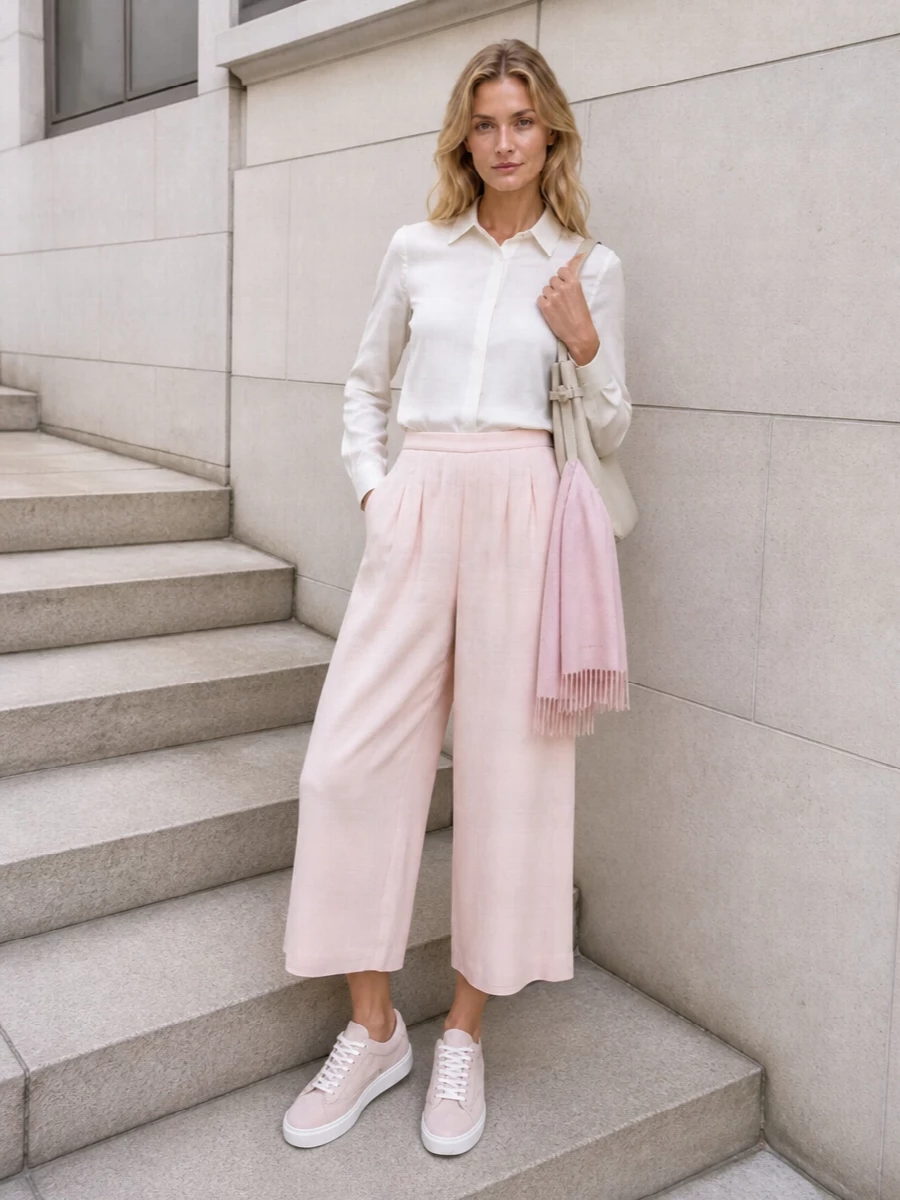 A soft play of blush and ivory keeps this outfit calm yet considered, ideal for warm days when you still want structure. The fluid wide-leg trouser and crisp shirt balance ease with polish, while tonal sneakers and a cream shoulder bag keep everything grounded and modern for city dressing. A blush scarf at the neck or draped loose ties the palette together with a barely-there wash of colour.