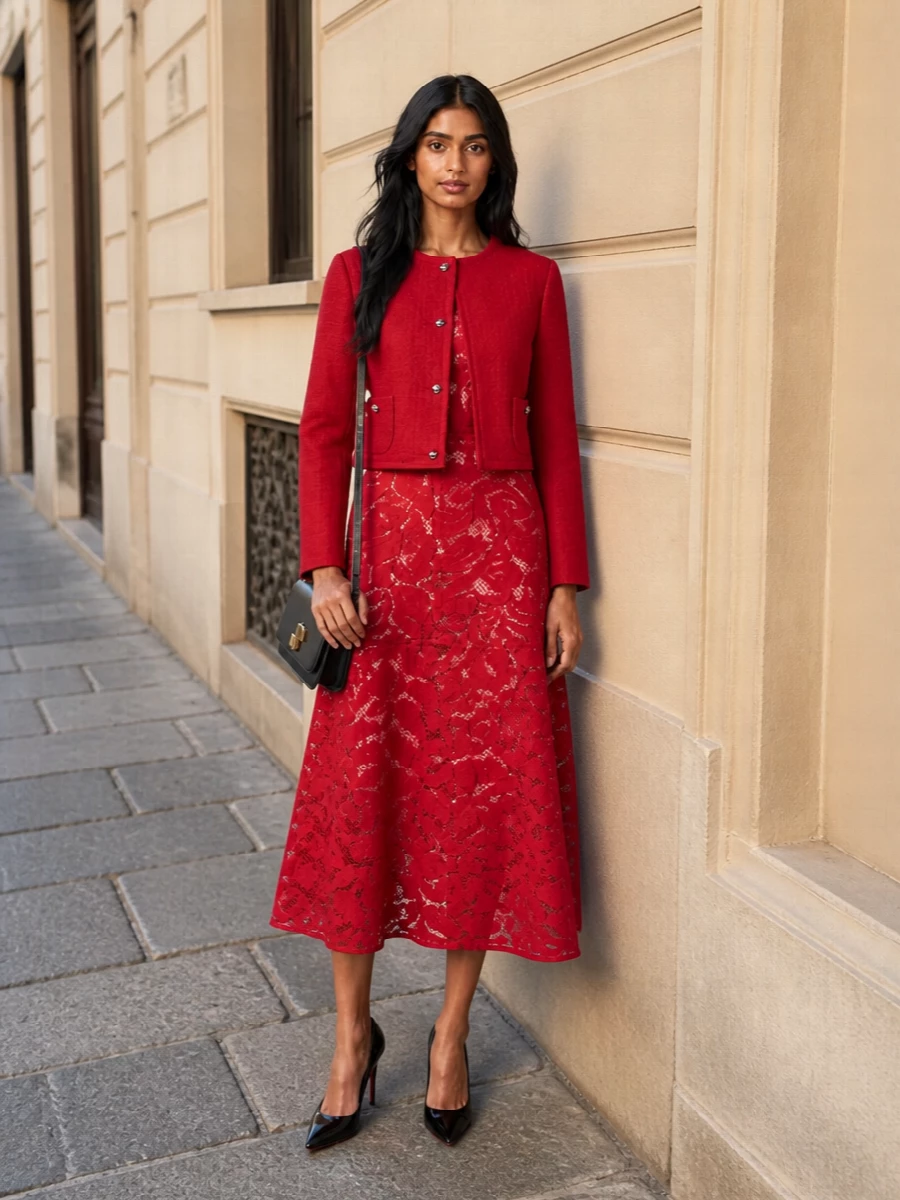 Patou red tweed jacket red lace midi dress