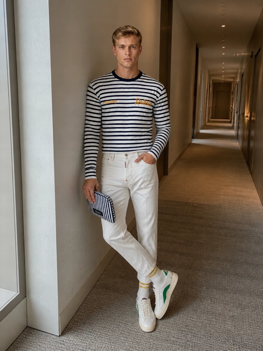 Navy-and-cream stripes meet crisp off-white denim for a clean, coastal take on street-preppy dressing. The retro court-inspired sneakers and striped wristlet keep the palette tight while adding just enough sport energy. Mustard logo hits and matching socks thread a confident hit of color through an otherwise restrained, graphic outfit.