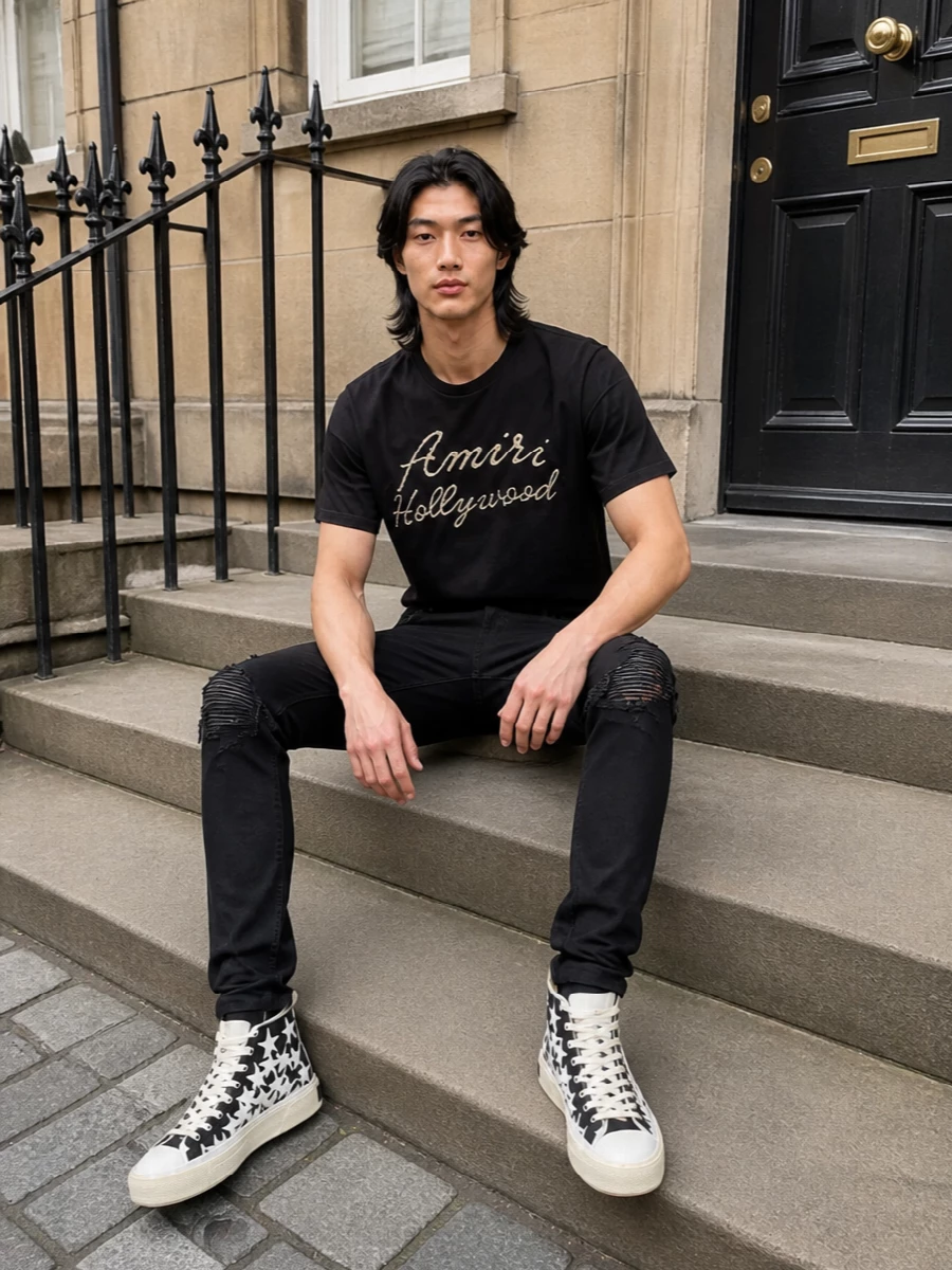 Amiri hollywood tee black jeans star sneakers
