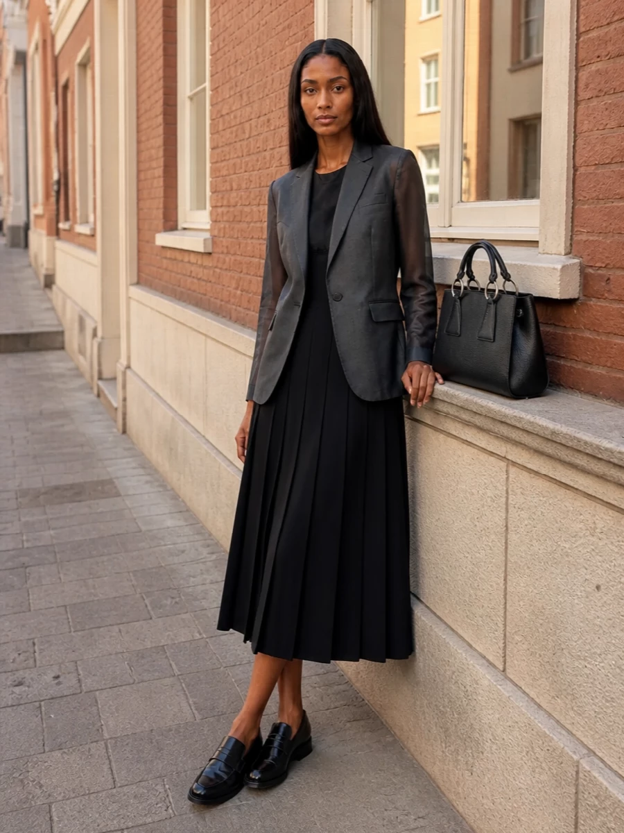 I’m anchoring the outfit with the dress rather than top and bottom so the sheer, spectral Comme des Garçons blazer can frame one continuous, sculptural column instead of breaking the line at the waist. The satin‑spliced midi dress reinforces that architectural story and keeps the mood precise and formal, while Margiela’s split‑toe loafers and structured top‑handle bag bring an intelligent, gallery‑dinner polish that stays firmly in the same conceptual, dark suiting universe. It feels like suiting reimagined as quiet performance, every element rigorous but never stiff.