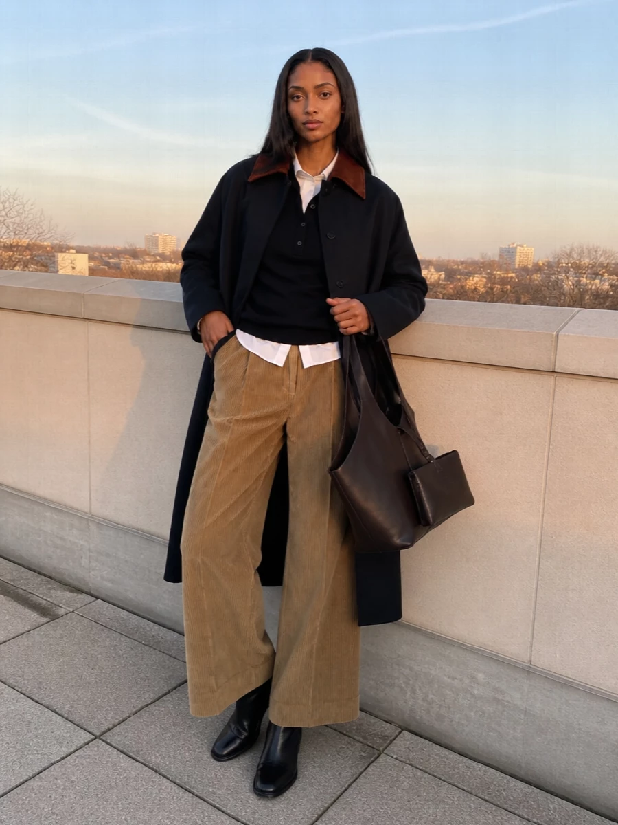 Rohe navy knit camel corduroy trouser outfit