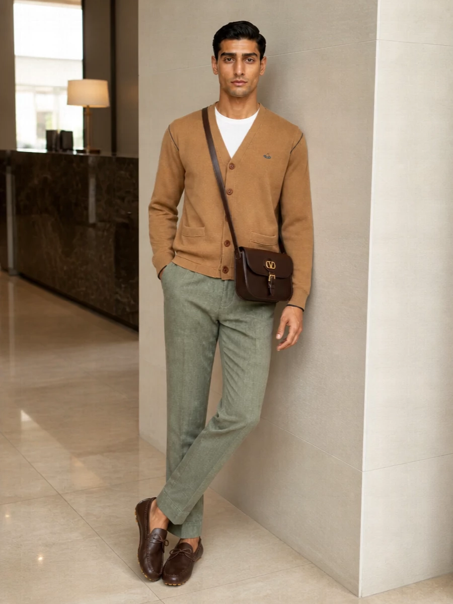 Camel knit with sage tailoring creates a calm, tonal story that feels intelligent rather than obvious. The brown driving loafer and structured espresso crossbody sharpen it just enough for smart daytime city dressing without losing ease. It is relaxed, polished and quietly confident from coffee meetings to early dinner.
