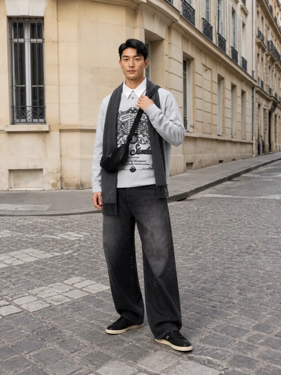 Acne polo wide leg jeans prada sneakers