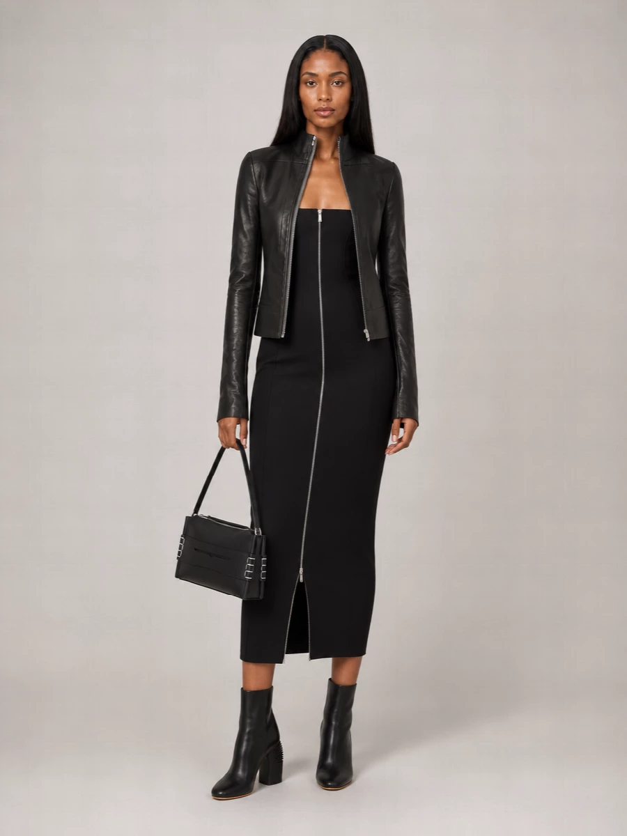 This is hard-edged city night dressing built around clean, sculpted lines and hardware. The Rick Owens jacket snaps over the zipped Off-White midi and graphic ankle boots for a strict, street-inflected silhouette, softened only by the neat, architectural shoulder bag. Going dress rather than separates keeps the lines long and uninterrupted so the leather and metal really read as one story.