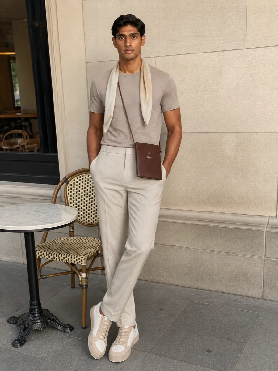 A tonal mix of taupe, light beige and soft sand keeps this Emporio Armani tee feeling intentional rather than basic. Tailored trousers and clean sneakers hold a smart yet relaxed line, while the slim Celine crossbody and silk scarf add just enough structure and texture for city days that drift into dinner.