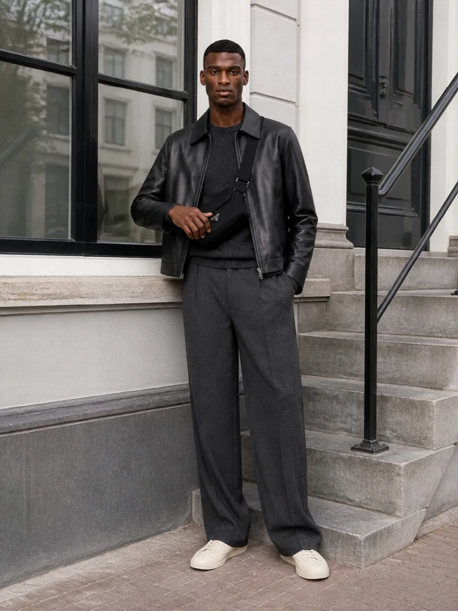 Ami paris leather jacket wide leg trousers outfit