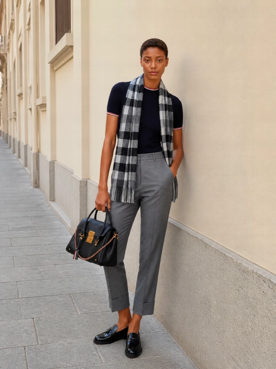 Thom browne navy tee grey cropped trousers