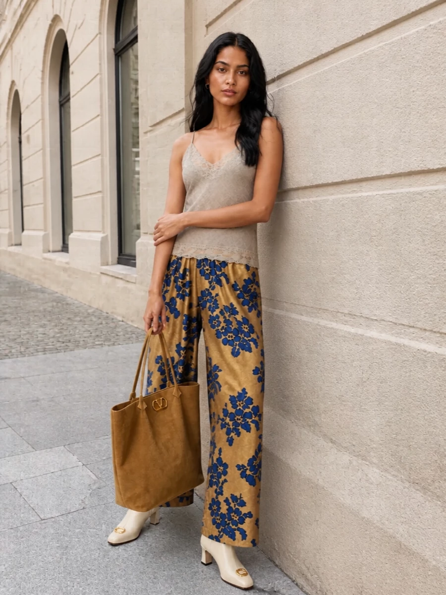 Golden florals and lace soften into a relaxed, quietly rich palette that feels indulgent without tipping into fuss. The slim cami against the sweeping pant keeps the proportions romantic yet easy, while cream boots and a camel suede tote tie everything together in warm, modern neutrals. It is boho in spirit but polished enough for slow winter days in the city or at home.