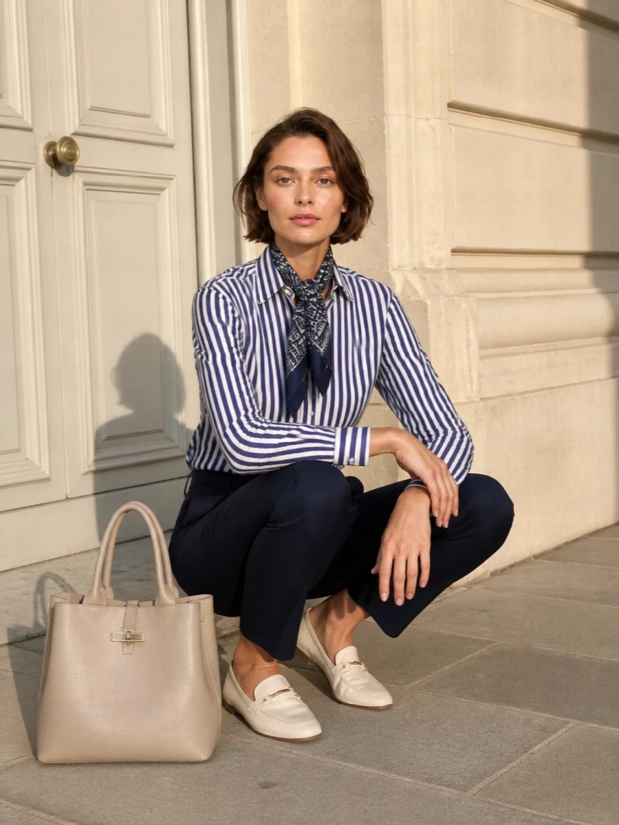A striped menswear-style shirt is grounded with clean navy tailoring for a quietly confident, office-to-dinner uniform. Soft ivory loafers and a structured beige tote lighten the palette, keeping it fresh for warm days. A compact navy scarf adds a discreet, considered nod to the shirt’s pattern without overwhelming the simplicity.