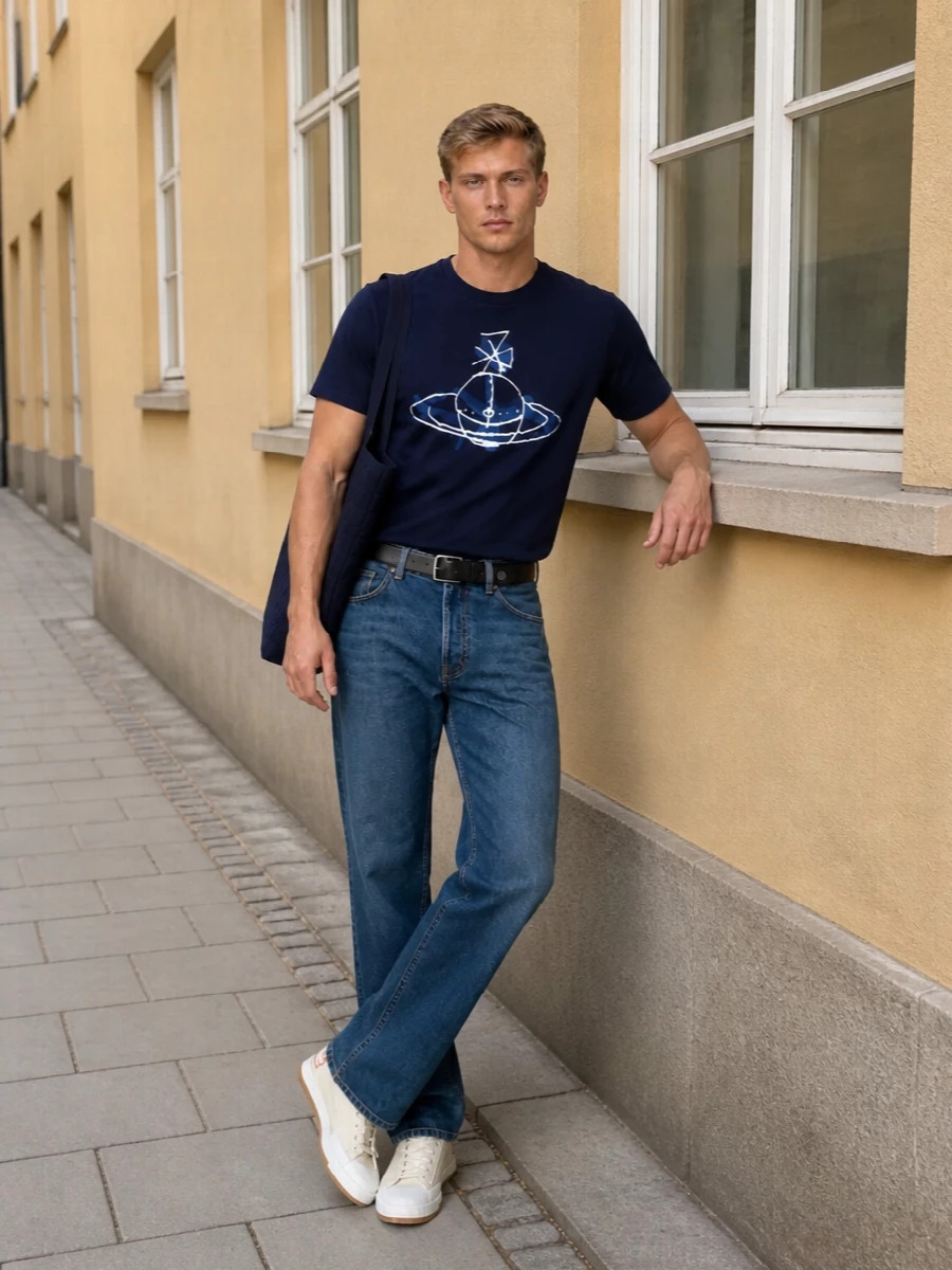 Navy-on-denim keeps this Westwood outfit grounded, letting the hand-drawn Orb sit sharp against a clean straight-leg jean and crisp cream canvas sneakers. A deep navy tote and discreet black belt tighten the silhouette just enough for city days without losing the laid-back, slightly rebellious mood. It is easy, graphic and coherent, with blue tones doing the work rather than heavy branding.