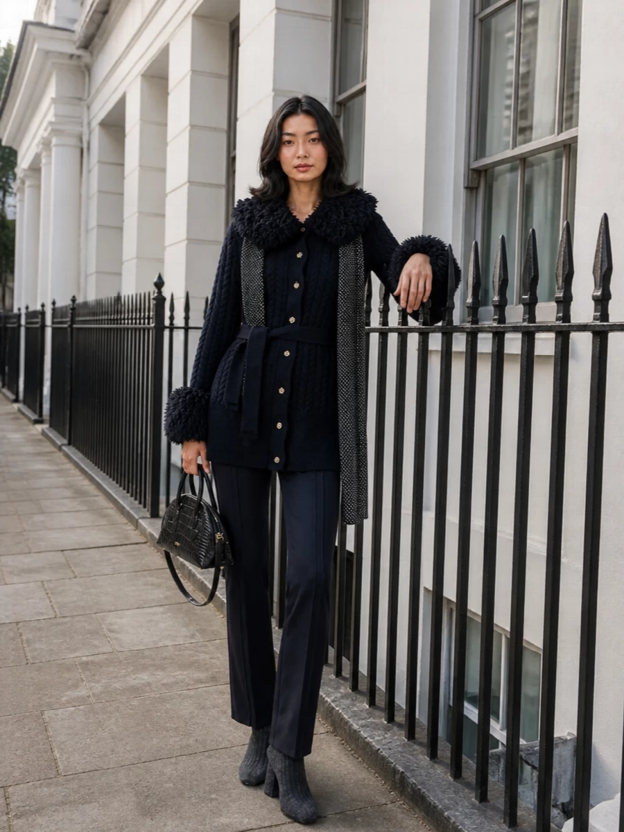 Patou cardigan navy trousers bottega boots