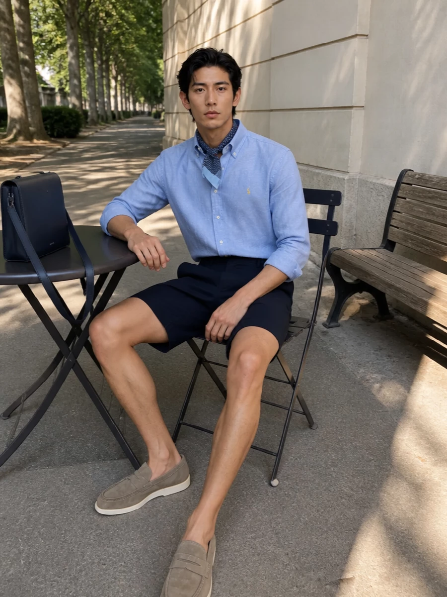 A light blue button-down with navy tailored shorts gives a clean, collegiate summer feel that stays firmly smart-casual. Taupe suede loafers keep the lines refined without feeling formal, while a slim navy crossbody and a pale blue silk scarf introduce subtle texture and quiet luxury. It is an easy uniform for terrace lunches, city weekends or coastal evenings where you want to look considered but still relaxed.