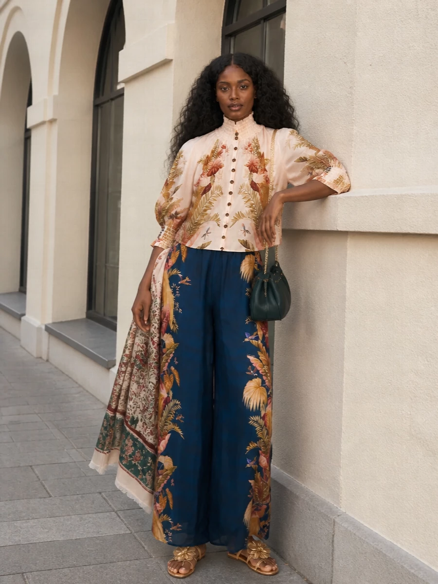 Zimmermann floral wide leg pants outfit blouse