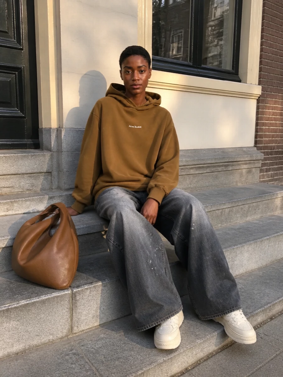 Acne studios camel hoodie wide leg jeans outfit