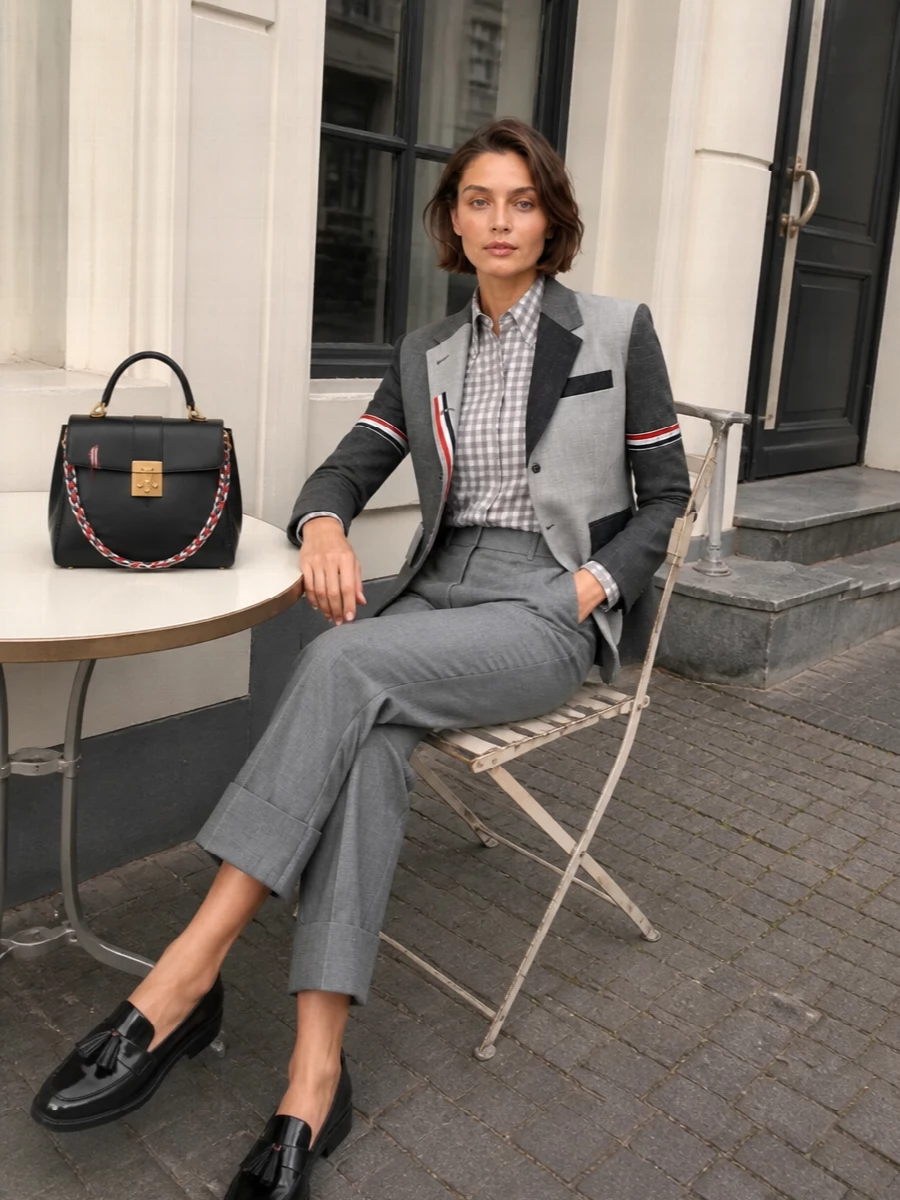 Thom browne grey blazer cropped trousers outfit