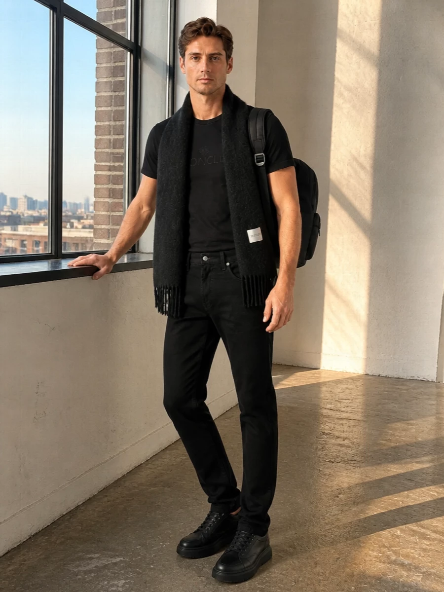 Moncler black tee tapered jeans mcqueen sneakers