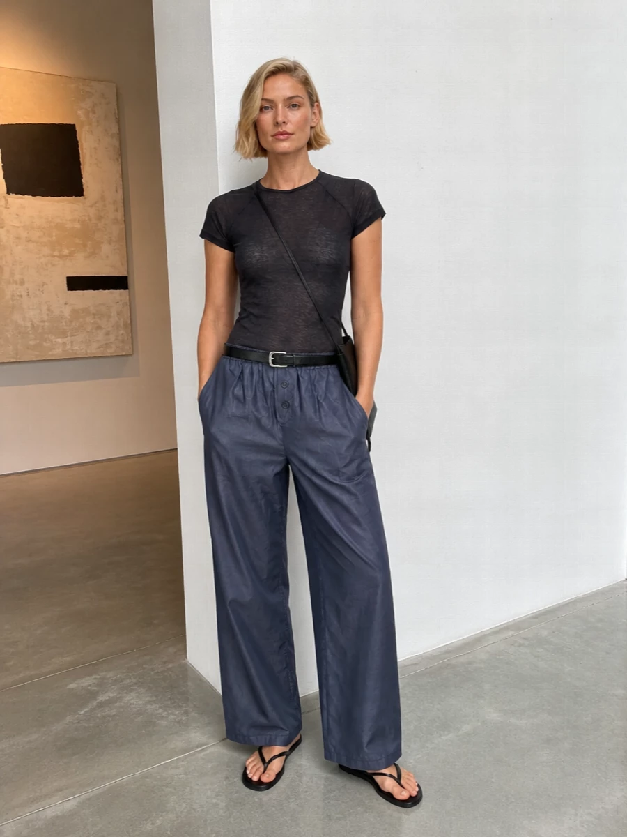 Paloma wool sheer tee wide leg trousers outfit