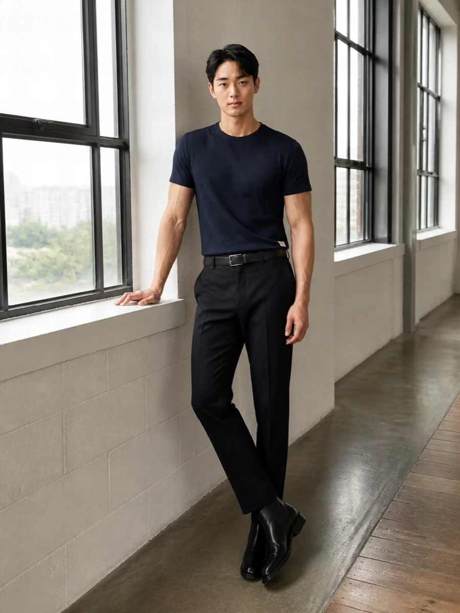 Saint laurent navy tee tailored trousers boots
