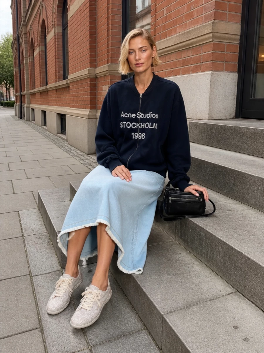 Acne studios bomber denim midi dress outfit
